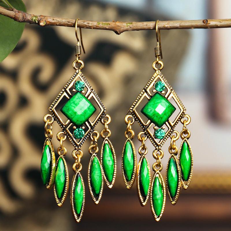 

Ethnic Style Bohemian Earrings 2020 Women Vintage Geometric Resin Gem Tassel Earrings Factory Direct Selling