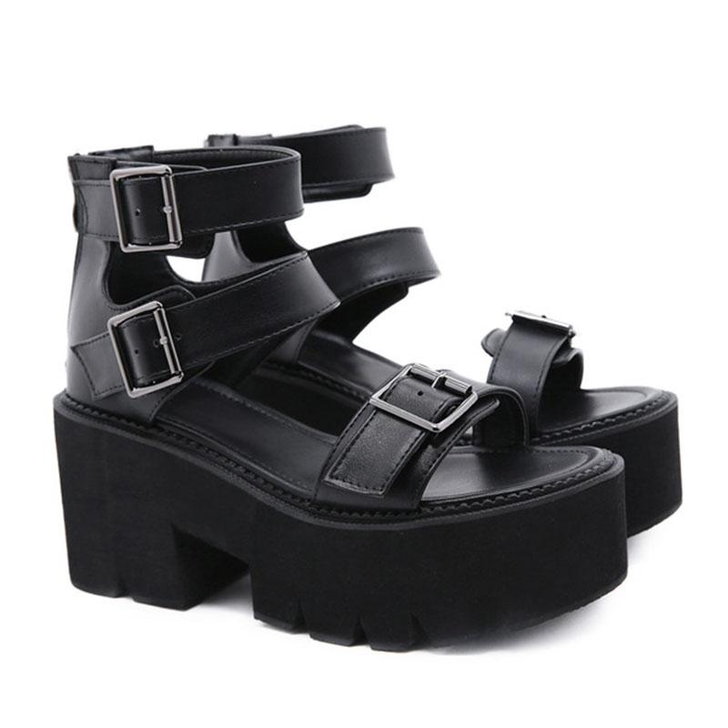 

Ankle Strap Summer Fashion Women Sandals Open Toe Platform Black Shoes High Thick Heels Female Black Unique Party Shoes 35-42