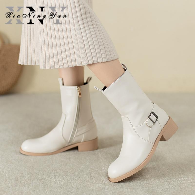

Xiuningyan Big Size 34-48 Fashion Women Boots Soft Leather Buckle Ladies Ankle Booties Handmade Winter Casual Shoes Woman, Beige
