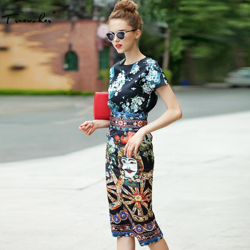 

Truevoker Trends Designer Dress High Quality Short Sleeve Vintage Floral Wheel Printed Knee Length Ethnic Holiday Dress, As pic