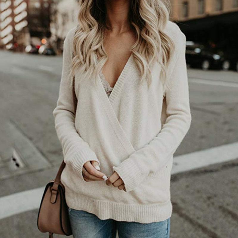 

Spring Autumn Lady Sexy Sweater 2020 New Women' Winter Casual Sexy Sweater V-Neck Fleece Stitched Cross - Knit, Black