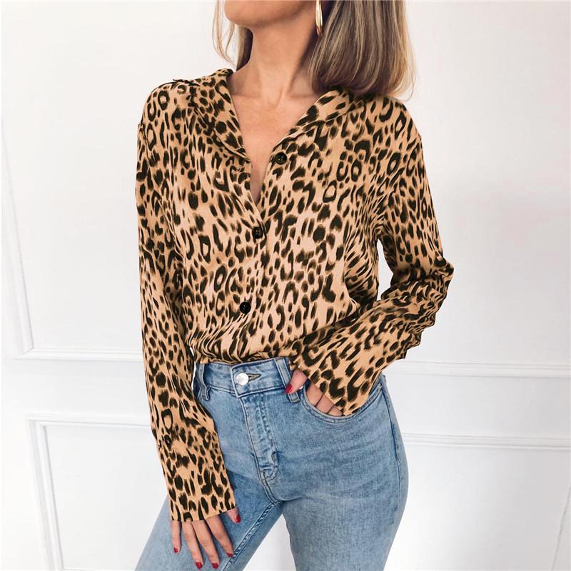 

Fashion New Women Leopard Print Blouses Tops Long Sleeve V neck Casual Loose Laides Tops Button Female Blusas Shirts, Green
