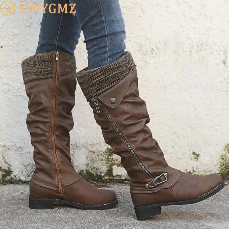 

Womens Western Boots Winter Solid Boots Round Toe Low Heel Snow Warm Women Stitching Comfy Leather Zipper Knee High, Black