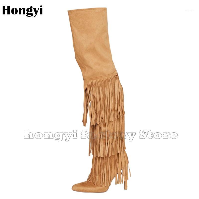 

Fashion Suede Leather European Style Fringe Designer Thin High Heel Boots Women Tassel Pointed Toe Thigh High Gladiator Booty1, As showed color