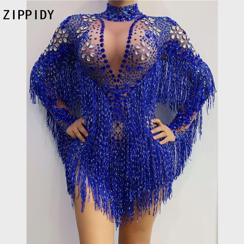 

Blue Silver Rhinestones Transparent Fringe Bodysuit Birthday Celebrate Long Sleeves Dance Bar Women Singer Outfit, Red nude
