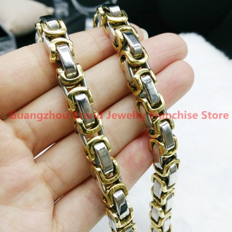 

8-40" Charming 316L Stainless Steel Silver Gold color Byzantine Box Chain Mens Necklace&Bracelet Bangle 8mm