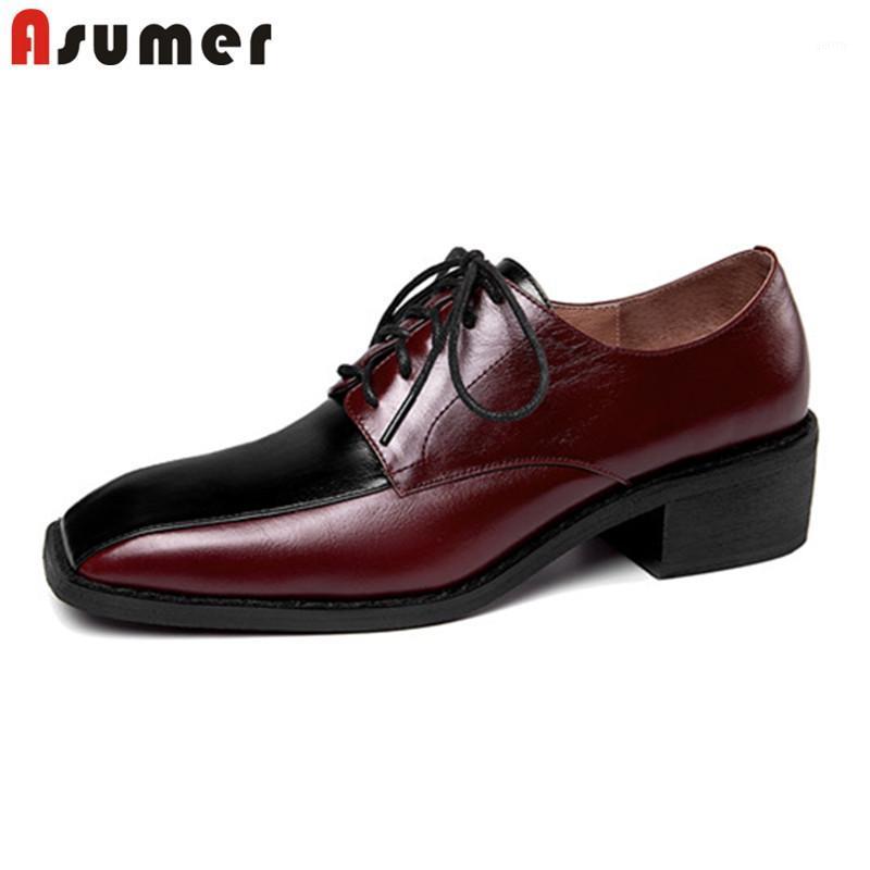 

Asumer 2021 Big Size 43 Genuine Leather Pumps Women Shoes Square Toe Lace Up Mixed Colors Fashion Thick Heels Woman Shoes1, Black white