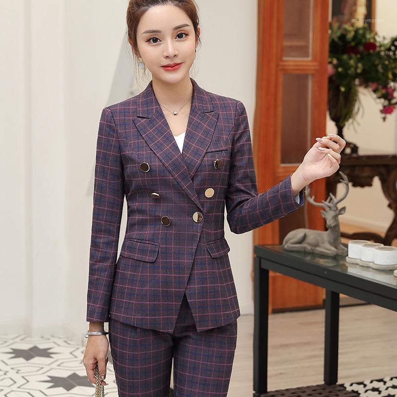 

Autumn fashion temperament professional decoration body plaid long-sleeved suit nine points pants British style new female suit1, Gray