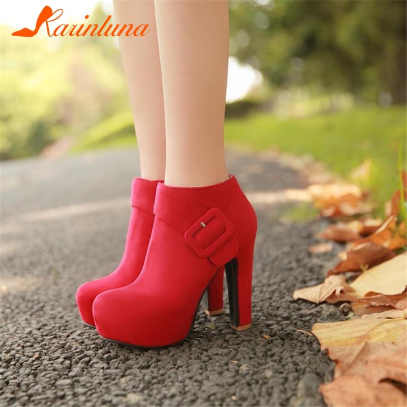 

Dropship Hot Sale 2020 New Fashion Brand women shoes Flock Buckle Straps Square Thick Heels Round Toe Short Plush Ankle Boots, Black