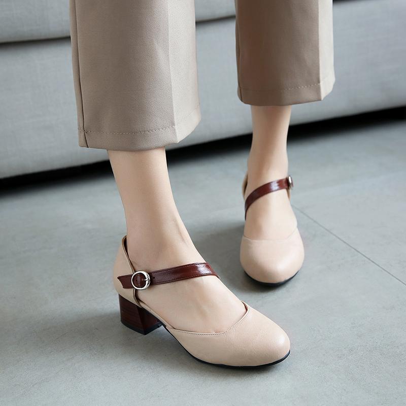 

Korean summer multi-functional round head medium heel thick heel women's sandals Baotou large size 45 single shoes 45, Beige