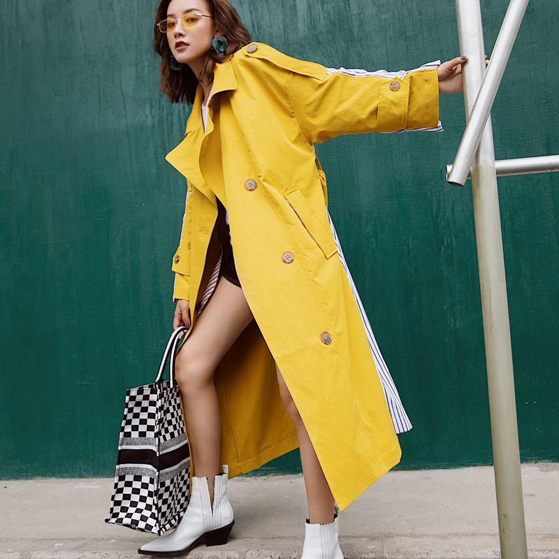 

2020 Korean Women Clothes Autumn Windbreaker Female Long Coat New Style Striped Stitching Yellow Winter Trench Coat