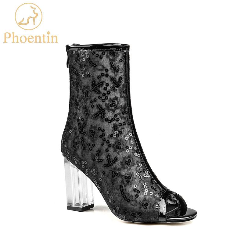 

Phoentin peep toe summer boots with zipper 2020 new mesh lace short boots bling transparent high heels black women's shoes FT461, Black 6.5cm heel