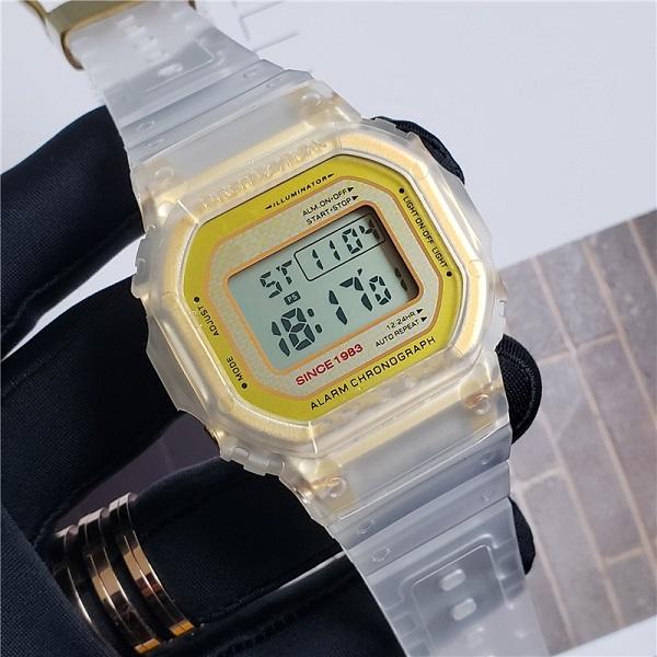 

DW5600 Casual fashion transparent LED electronic watch iced out watch men's digital watch waterproof and shockproof world time, Slivery;brown