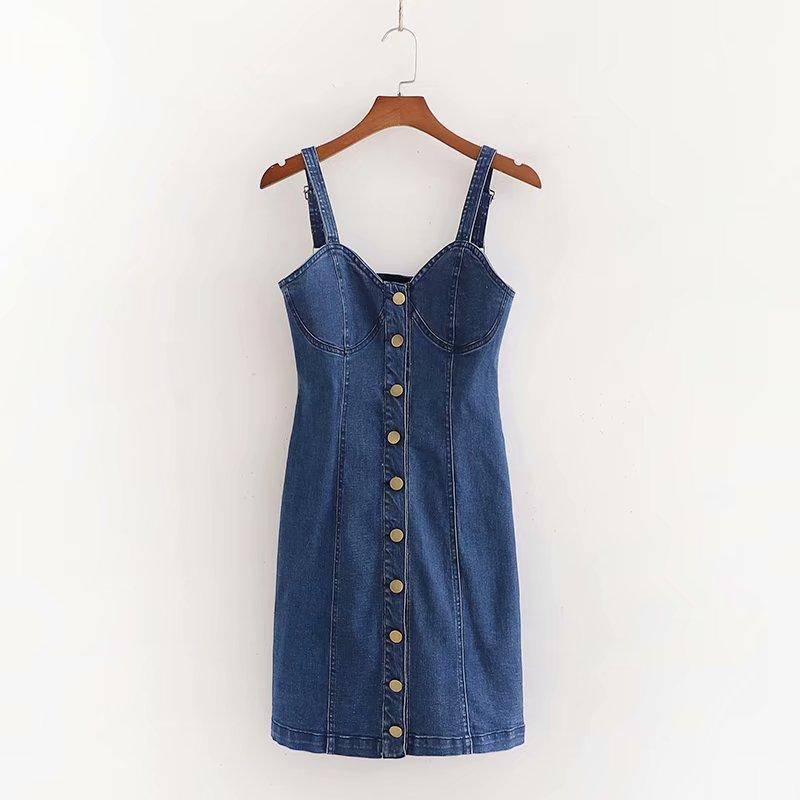 

Spring / Summer 2020 new products, fashionable and fresh suspender denim skirt, slim front breasted stretch dress1, Blue