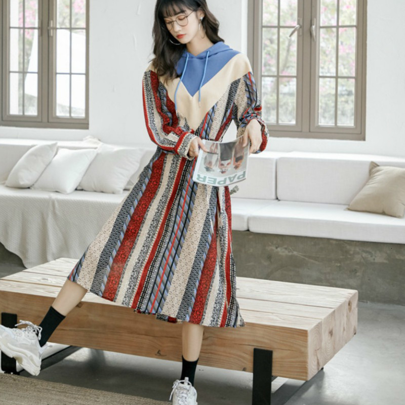 

2021 New Autumn fashion woman clothes sleeves with simple casual hood party printed holiday sweater dress 4MW7, Picture color