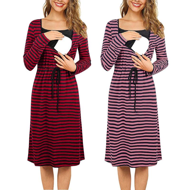

Fashion Maternity Nightwear Women Maternity Long Sleeve Striped Printed Nursing Dress For Breastfeeding Vestido de maternidad, Pink