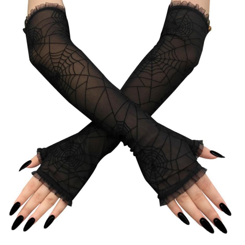 

Spider Web Arm Sleeves Women Long Gloves Half Finger Mesh Gloves Fancy Dress Up Halloween Cosplay Costume Accessories