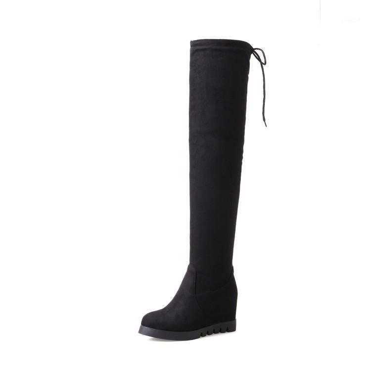 

The new 2020 foreign female boots suede elastic sexy knee-high boots wedges 43 40-11061, Black