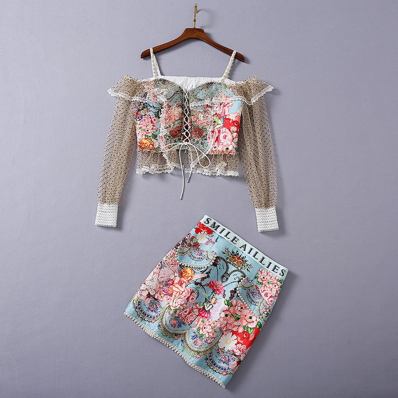 

European and American women's wear 2020 winter new style Long-sleeved lace polka dot shirt Jacquard skirt Fashion suits, Blue