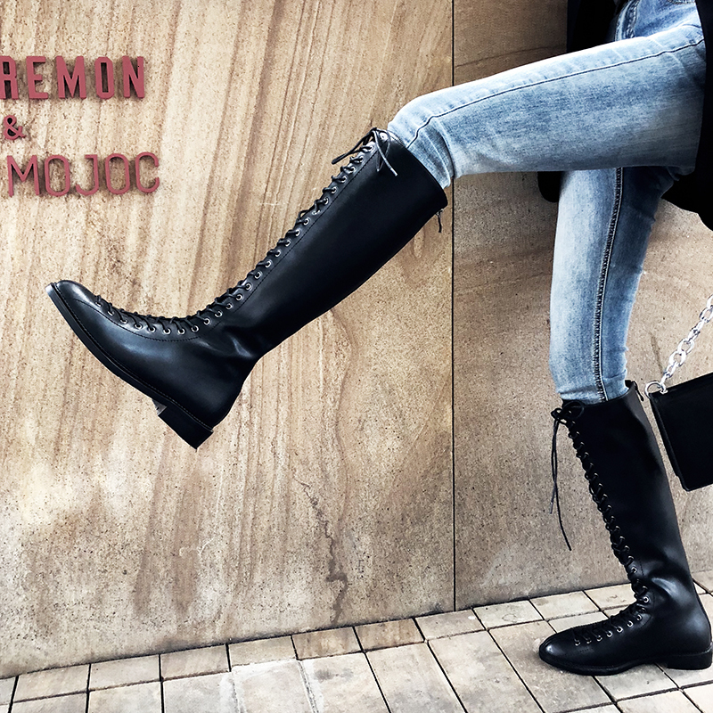 

2021 Women Knee-boots 22-25 Cm Long Spring and Autumn Cross Straps Women's Shoes I2DY, Black
