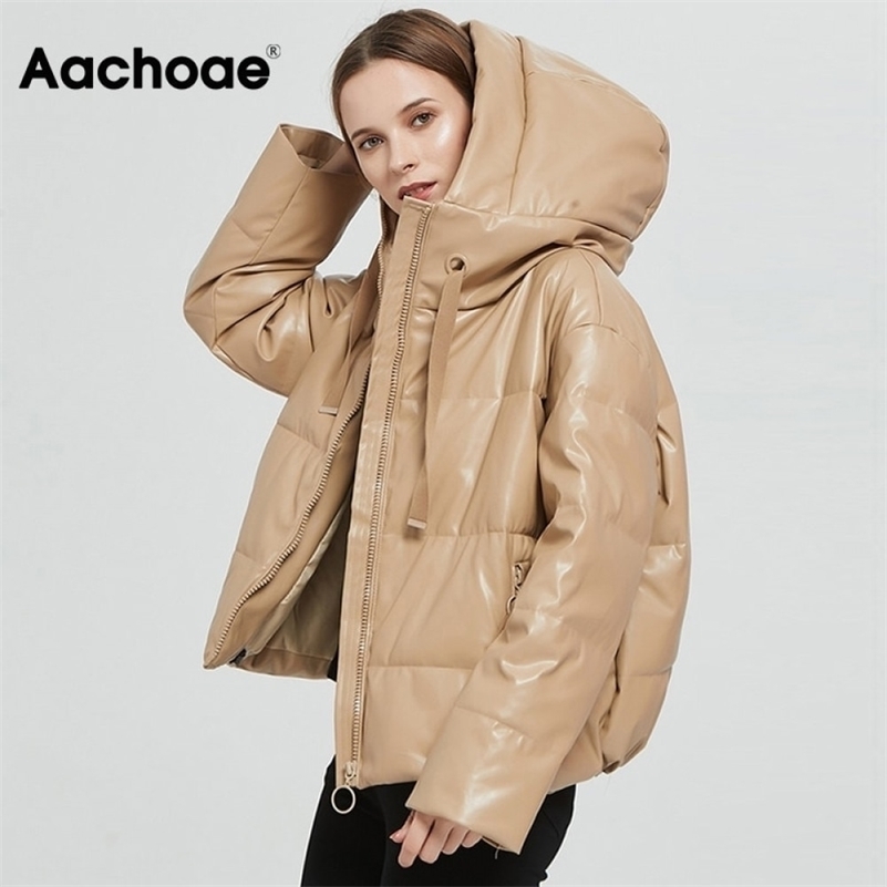 

Aachoae Women Thick Warm PU Faux Leather Padded Coat Winter Zipper Hooded Jacket Parka Long Sleeve Pockets Outerwear Tops 201222, Khaki