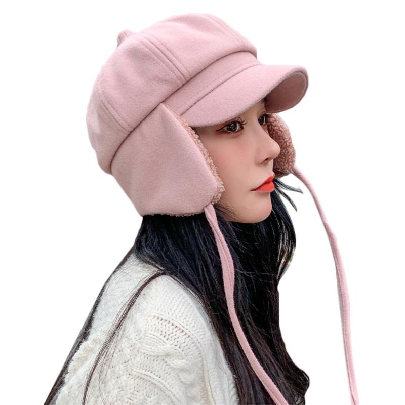 

2021 New Women Winter Octagonal Beret Cap with Plush Lining Earflap Chin Strap Visor Hat, Black
