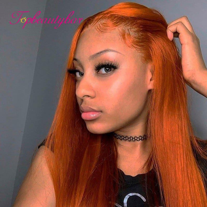 

Transparent 26 Inch Brazilian Straight Wig Orange Ginger 13x6 Lace Middle Part Remy Human Hair Pre Plucked With Baby Hair, Orange color