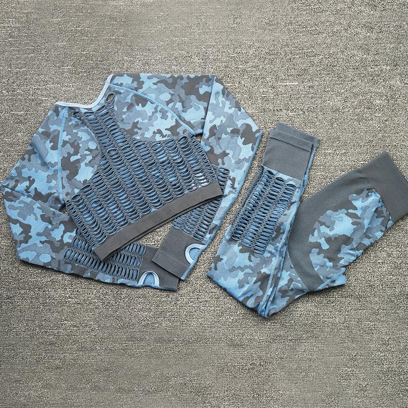 

camouflage Hollow Seamless Women yoga set gym clothing Sport fitness suit yoga long sleeve top + elastic Leggings suits, Shirtspantsgray