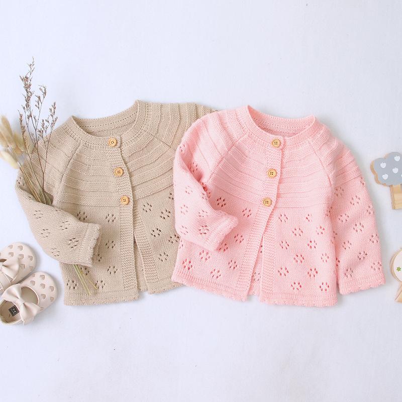 

2021 New Infant Baby Girls Fall Winter Cardigan Sweaters Toddler Button-Down Hollow Out Dots Flower Knitted Outerwear, Beige