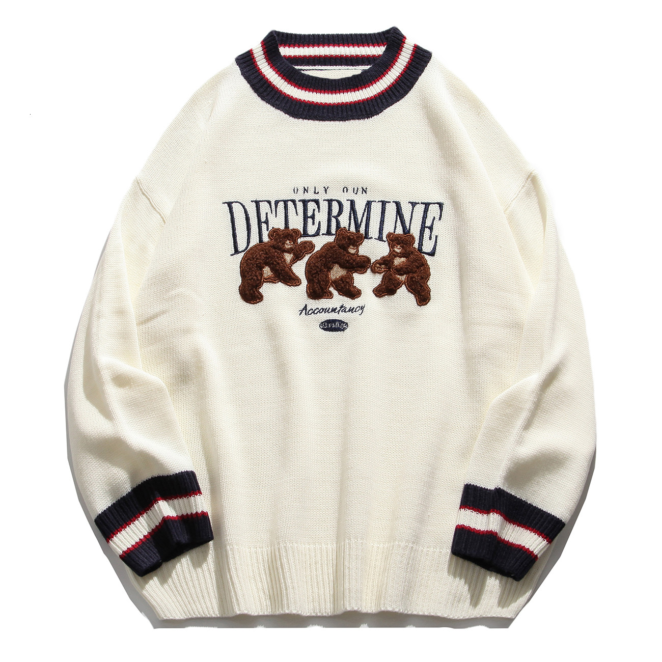 

2021 New Bear Patchwork Striped Knitted Autumn Harajuku Sweater Oversize Hip Hop Streetwear Cotton Pullover Men Clothing Bw09, Black