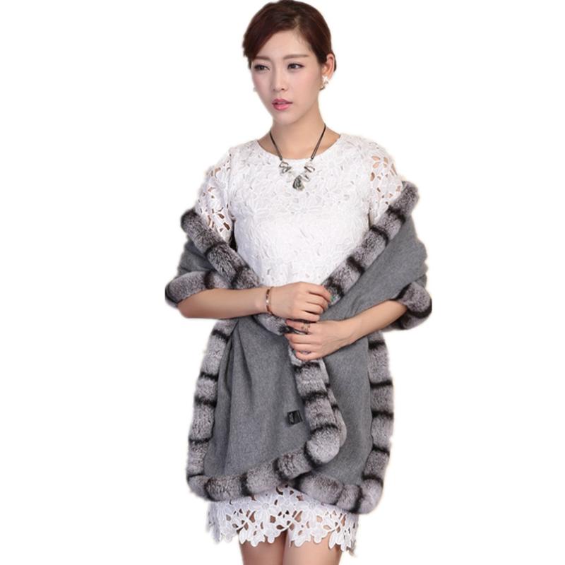 

women scarf shawl 100% real wool cape with natural rex fur trim chinchilla gray color luxury winter shawl women S36