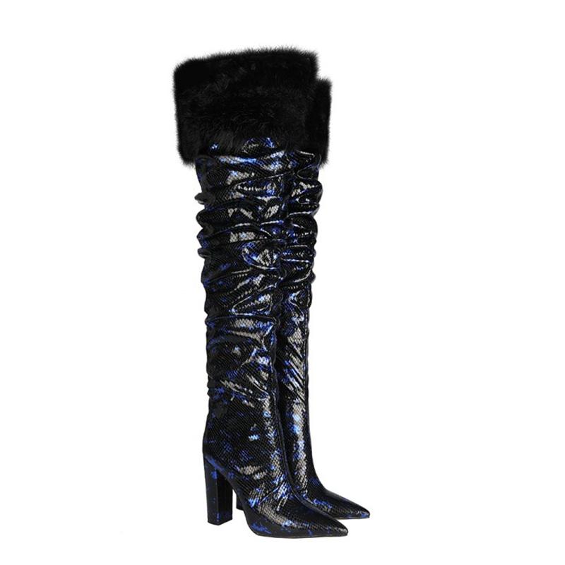 

New Women Shoes Boots Knee High Long Boots High Heel Pointed Toe Winer Warm for Women, Blue