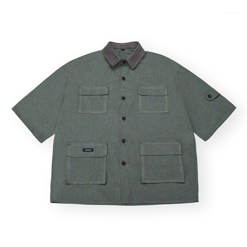 

Summer New Short-sleeved Outdoors Climbing Travel Sports Men' Fashion Multi-pocket Tooling Contrast Color Style Shirt1, Army green