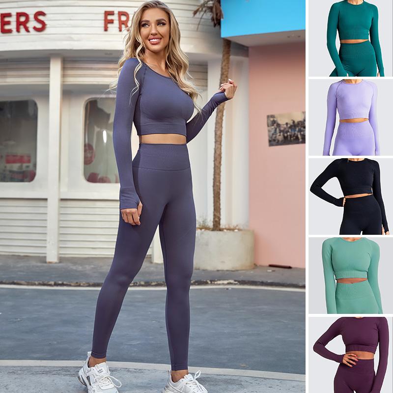 

Women Seamless Exercise Yoga Set Fitness Sport Suit Gym Clothing Yoga Long Sleeve Shirt High Waist Running Legging Workout Pants, Bean green