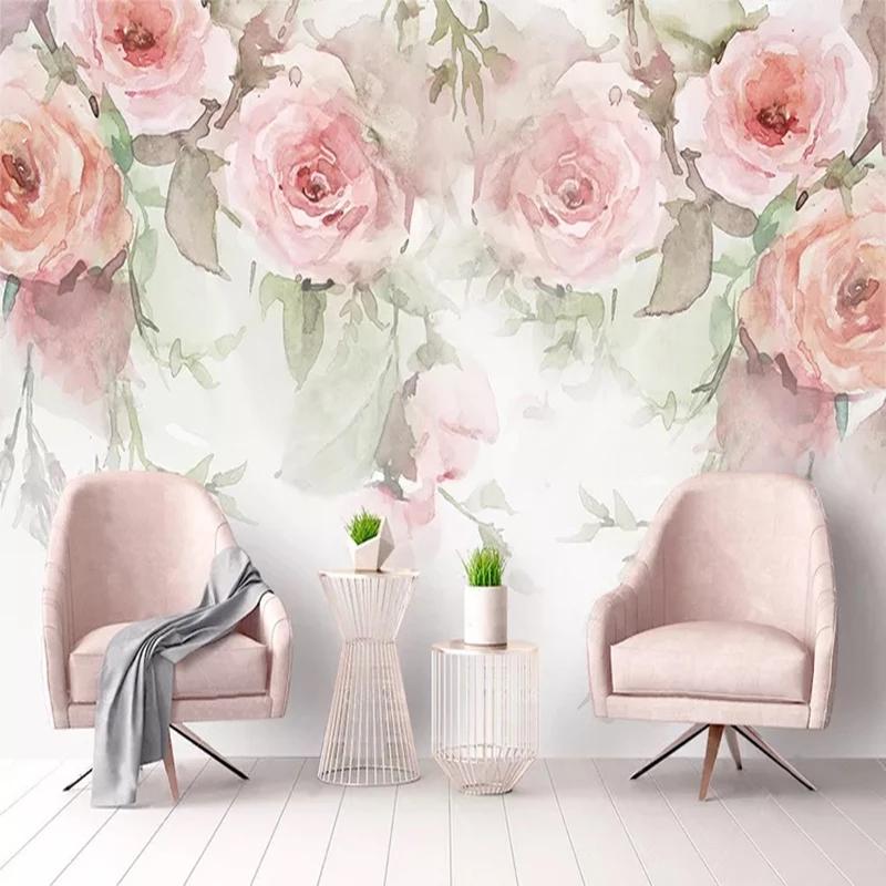 

Custom Photo Wall Paper Rose Flowers Hand Painted Watercolor 3D Murals Wallpaper For Living Room Bedroom Wall Painting Modern 3D, Silk cloth