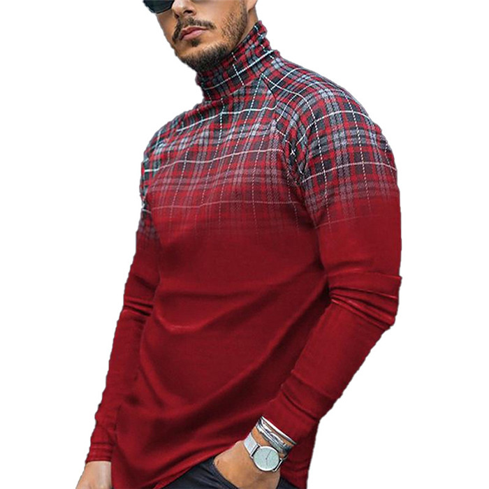 

Turtle Neck Plaid T Shirts Men Slim Pullover Red Color Long Sleeve Top Spring Autumn Fall Fashion Casual Mens Tees