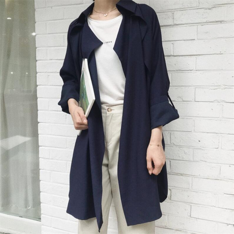 

2021 Mid-long Trench Women's Coat New Fall Turn Down Fashion Collar Elegant Female Blouse Ds50175 3P5J, Blue women trench.
