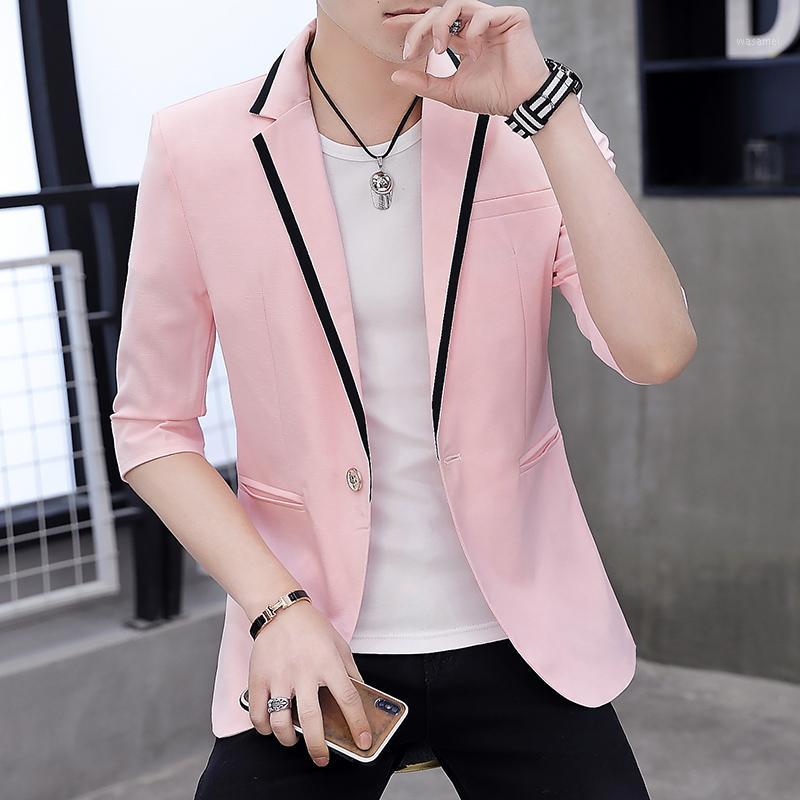 

Men's Suits & Blazers Youth Blazer Men Slim Fit Masculino Male Turn-down Collar Half Sleeve Mens Fashion Casual Jacket Man1, Pink