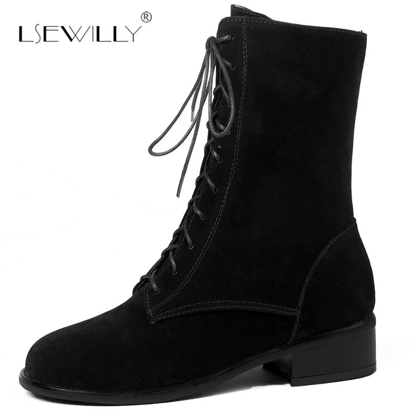 

Lsewilly Large Size 34-46 Lace Up Ankle Boots Women Suede Leather Fashion Square Heel Woman Shoes Winter Boots Women E138, Black