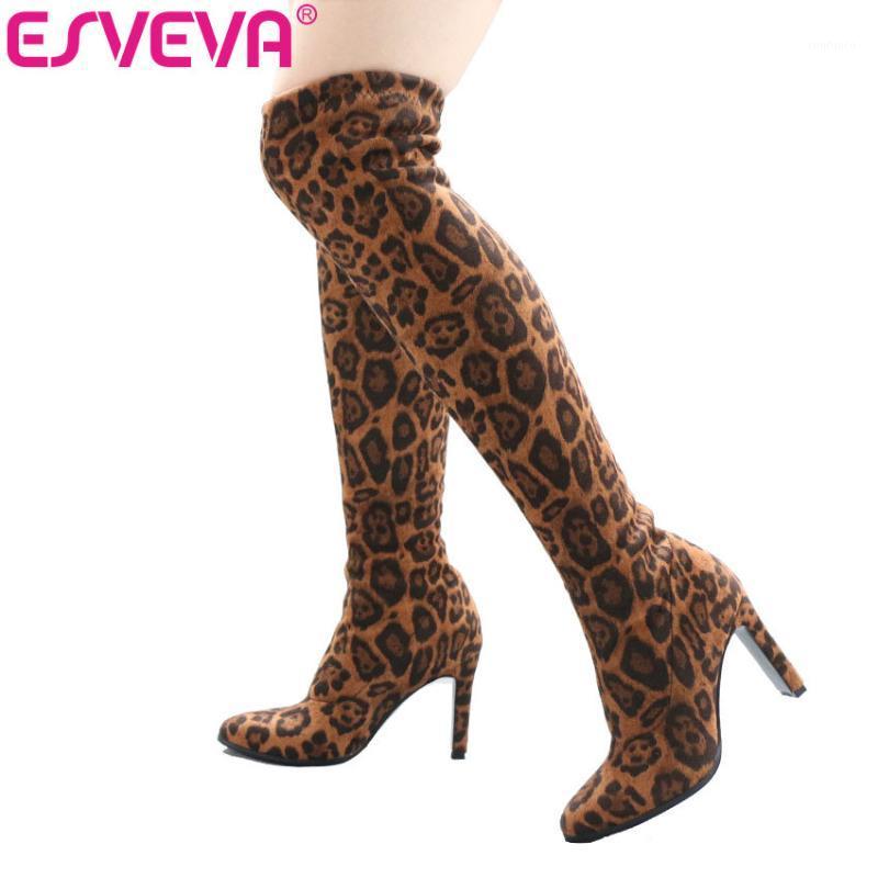 

ESVEVA 2020 Over The Knee Boots Winter Square High Heel Warm Women Boots Lady Stretch Leopard Fabric Fashion Shoes Size 34-431, Black