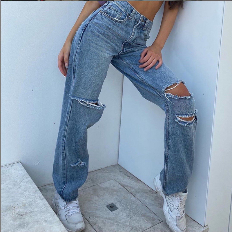 

Spring New Women' Personality Loose Thin Trousers Street Shot Holes To Make Old Wild Wide-legged High Jeans Pants Size -L, Blue