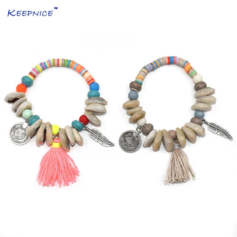 

New European Boho Jewelry handcrafted bracelets shell charm bracelet with coin silk tassel charm Strand Bracelet