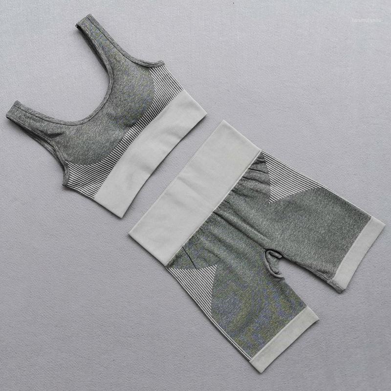 

2 Piece Seamless Yoga Set Women Striped Workout Clothing Sportswear High Waist Gym Shorts+Padded Sports Bra Fitness Sport Suit1, Armygreen set