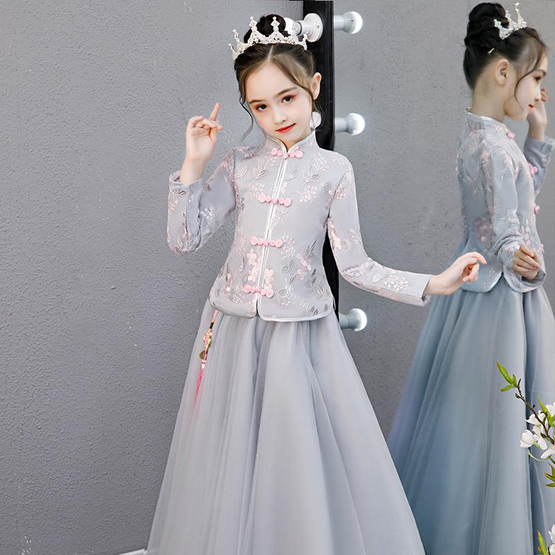 

Gray Child Princess Party Performing Lace Embroidery Dresses Birthday Girl's Dresses qipao modern vestidos de festa chinos
