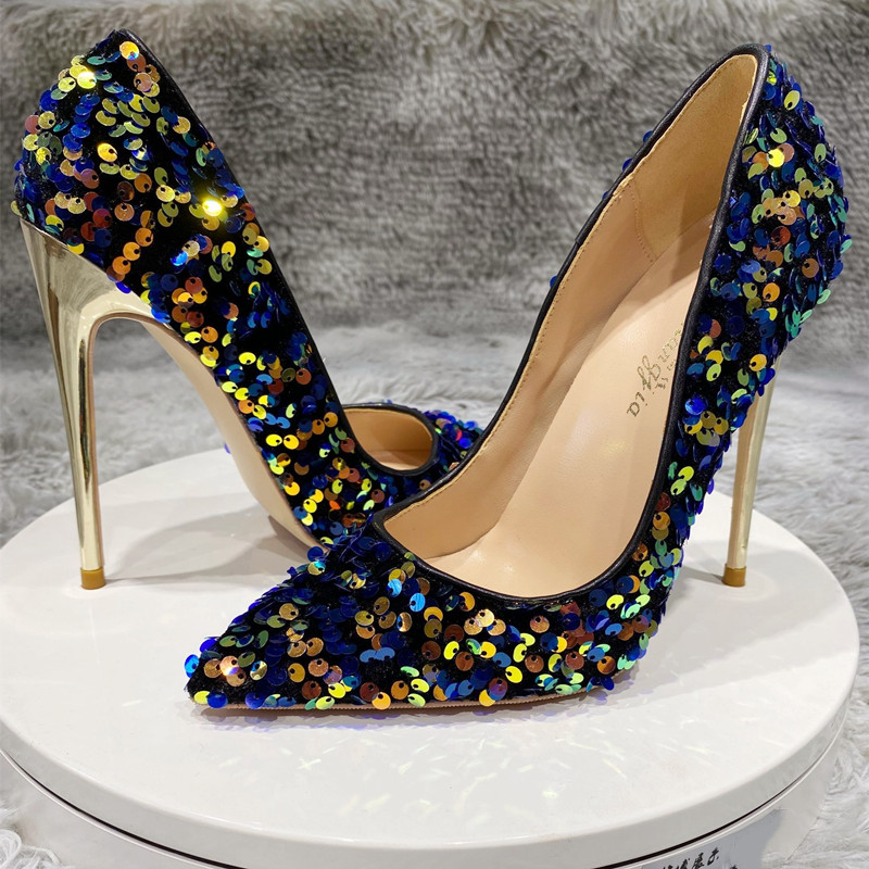 

Sexy lady fashion Designer women shoes Blue pointy toe heeled stiletto stripper gold glitter strass high heels pumps 12cm 10cm with box, Blue 12cm