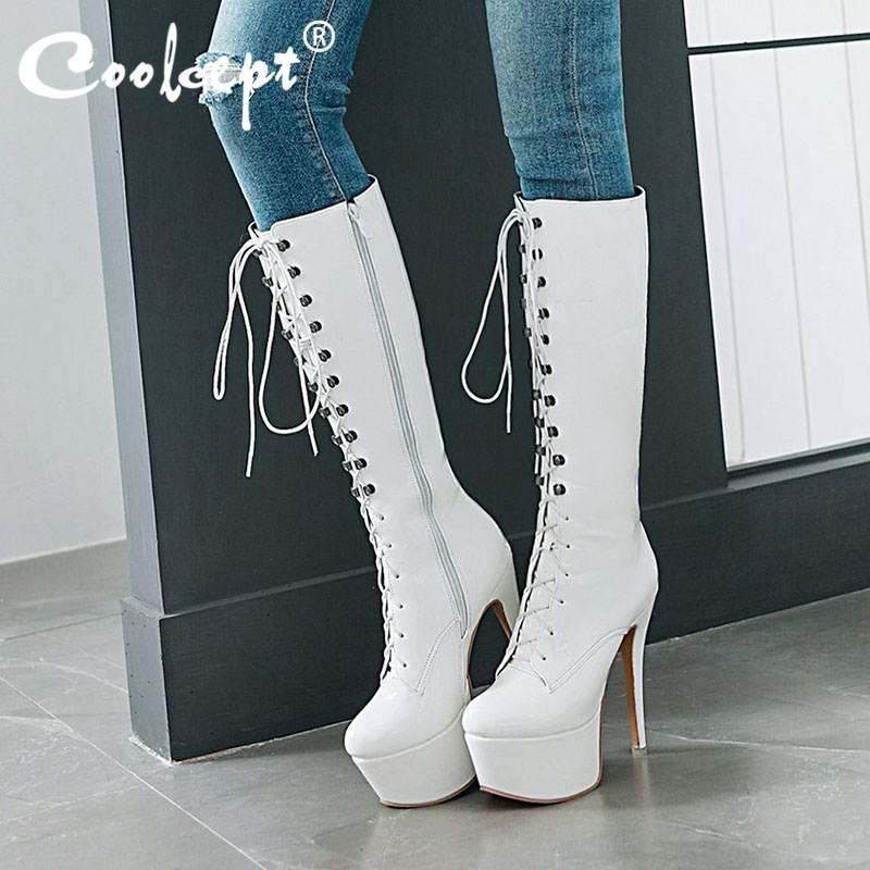 

Boots Coolcept Women High Heels Platform Fur Winter Shoes Woman Cross Strap Knee Fashion Sexy Long Size 33-48, White
