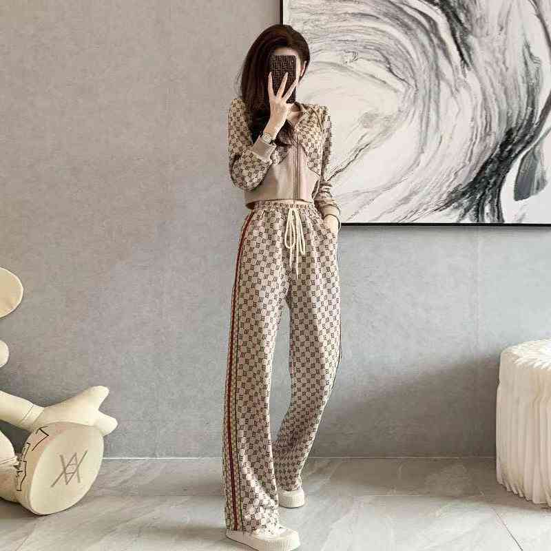 

2022 Factory Wholesale New Model autumn fashion leisure Wide Leg Pants Set women's slim Hooded Sweater two-piece set, Brown