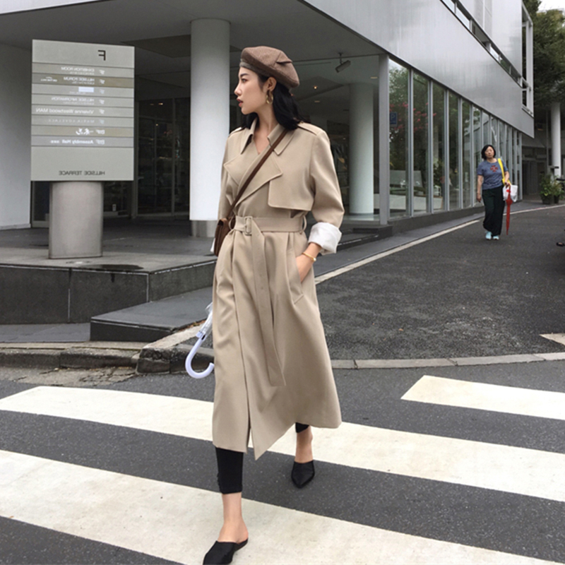 

2021 New Spring Female Trench Coat High Street Women Clothes Slim Outerwear Woman Office Lady Long Windbreaker with Belt Sov3, Black