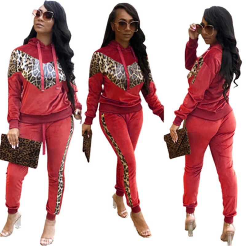 

Women PU Leopard Sets Clothes Fashion Trend Long Sleeve Hooded Tops Pant Suits Designer Female Autumn New Velvet Panelled Casual Tracksuits, Black