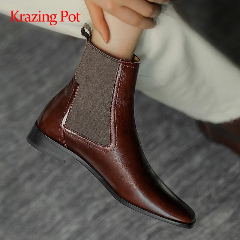 

Krazing pot 2020 winter new boots leisure real leather stretch all-match square toe low heel slip on convenient ankle boots L8f1, Black